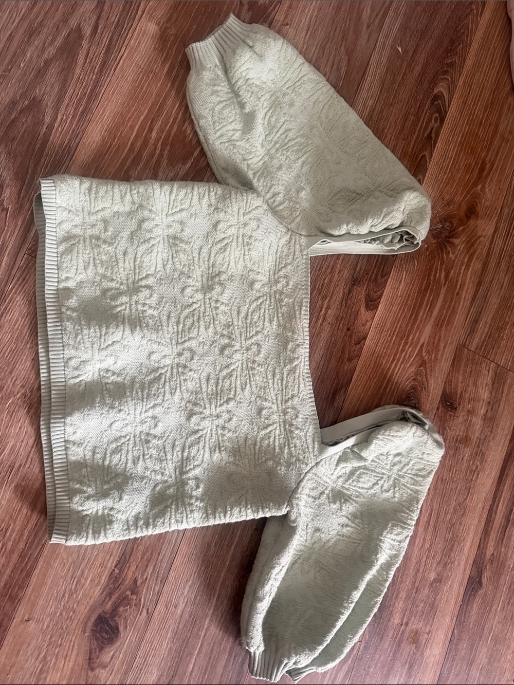 Zara Light Sage Textured Knit Crop Top with Puff Sleeves